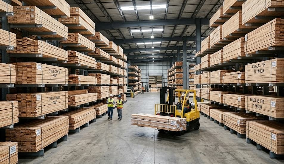 Inside our organized lumber warehouse